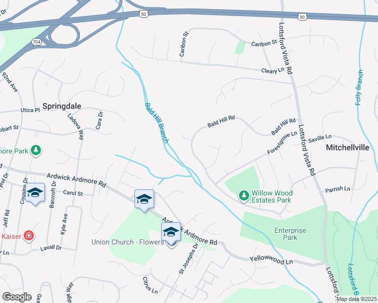 map of restaurants, bars, coffee shops, grocery stores, and more near 9907 Bald Hill Road in Bowie