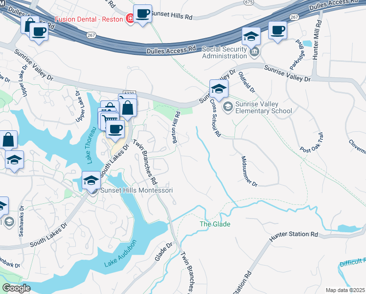 map of restaurants, bars, coffee shops, grocery stores, and more near 10965 Harpers Square Court in Reston