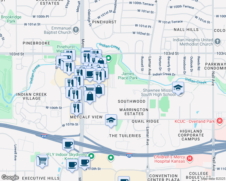 map of restaurants, bars, coffee shops, grocery stores, and more near 10500 Barkley in Overland Park