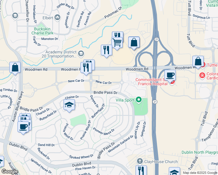map of restaurants, bars, coffee shops, grocery stores, and more near 5455 New Car Drive in Colorado Springs