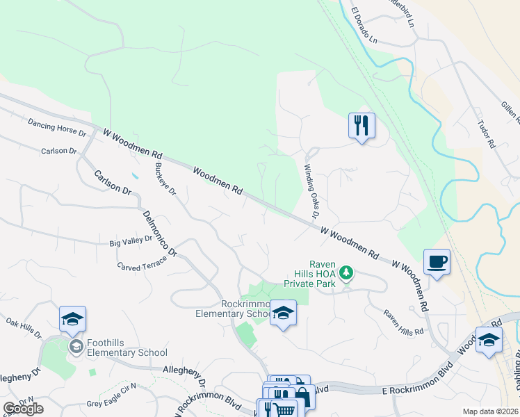 map of restaurants, bars, coffee shops, grocery stores, and more near 220 West Woodmen Road in Colorado Springs