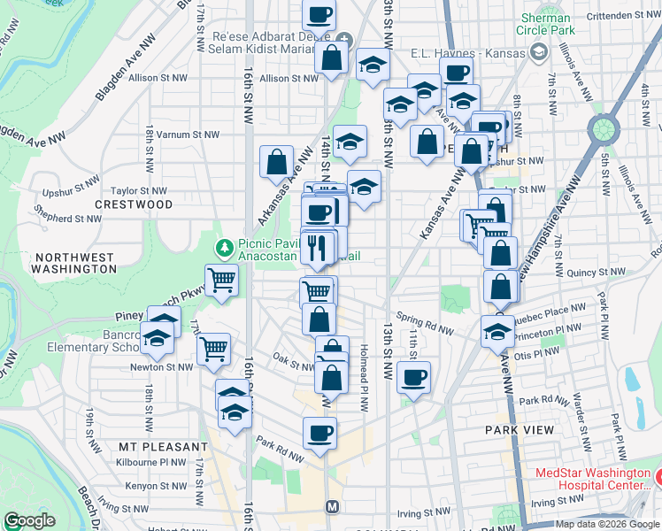 map of restaurants, bars, coffee shops, grocery stores, and more near 101 Independence Avenue Southeast in Washington
