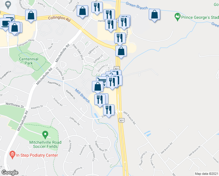 map of restaurants, bars, coffee shops, grocery stores, and more near 3540 Crain Highway in Bowie