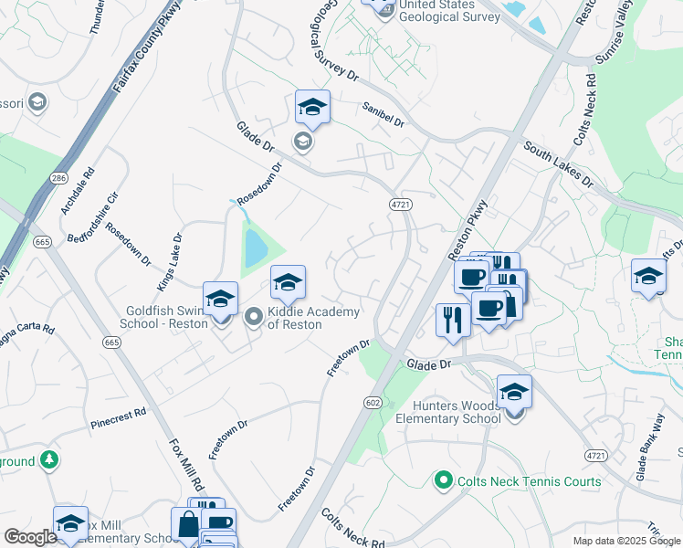 map of restaurants, bars, coffee shops, grocery stores, and more near 2361 Emerald Heights Court in Reston