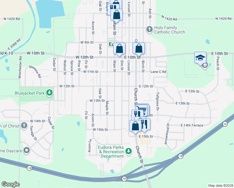map of restaurants, bars, coffee shops, grocery stores, and more near 1202 Main Street in Eudora