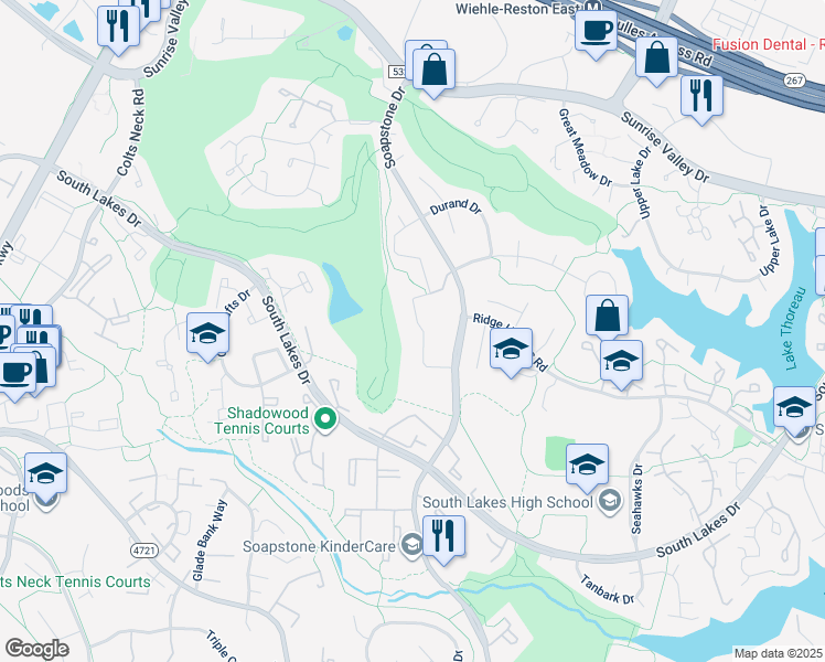 map of restaurants, bars, coffee shops, grocery stores, and more near 2164 Glencourse Lane in Reston