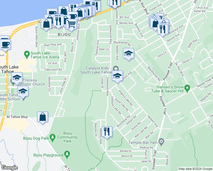 map of restaurants, bars, coffee shops, grocery stores, and more near 1256 Glenwood Way in South Lake Tahoe