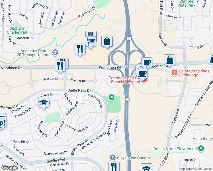 map of restaurants, bars, coffee shops, grocery stores, and more near 5712 Woodmen Ridge View in Colorado Springs