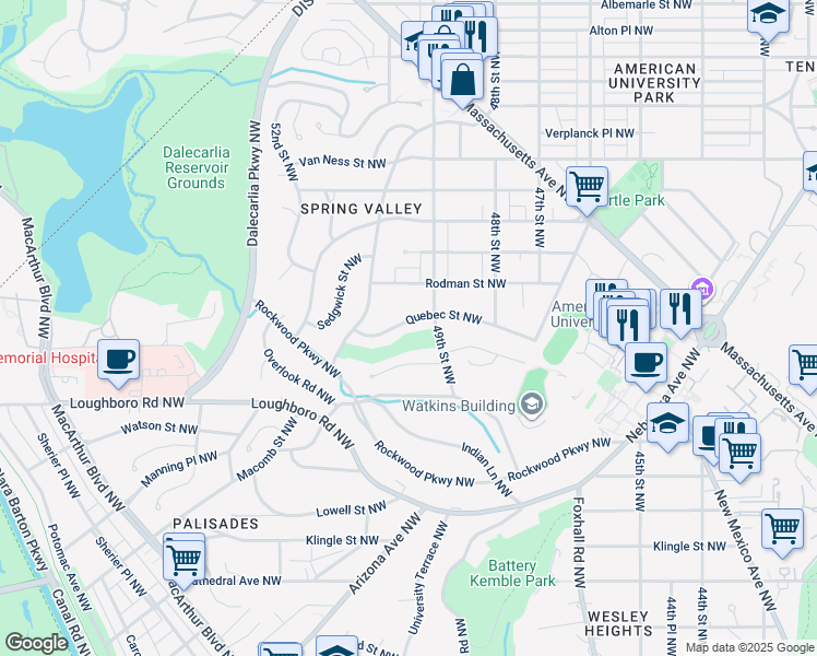 map of restaurants, bars, coffee shops, grocery stores, and more near 4930 Quebec Street Northwest in Washington