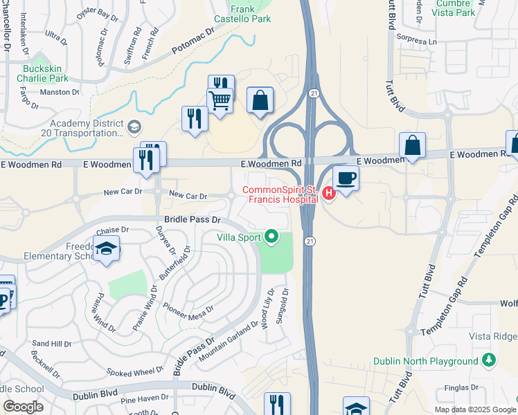 map of restaurants, bars, coffee shops, grocery stores, and more near 5616 Woodmen Ridge View in Colorado Springs