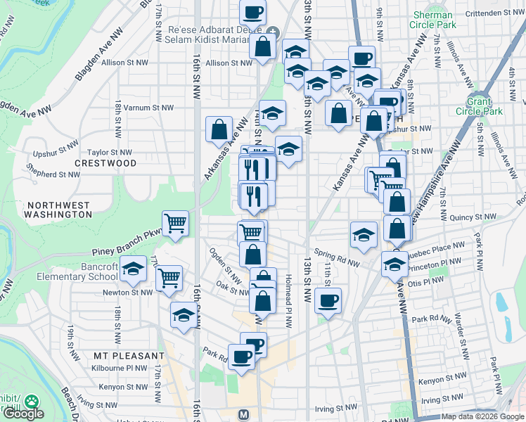 map of restaurants, bars, coffee shops, grocery stores, and more near 101 Independence Avenue Southeast in Washington
