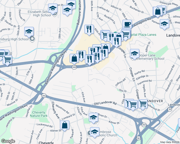 map of restaurants, bars, coffee shops, grocery stores, and more near 3839 64th Avenue in Hyattsville