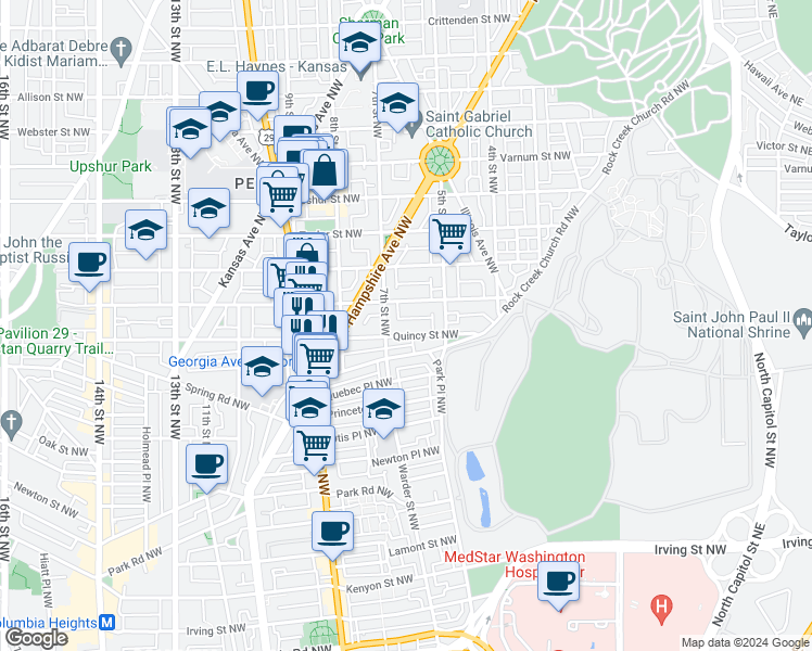 map of restaurants, bars, coffee shops, grocery stores, and more near 611 Quincy Street Northwest in Washington