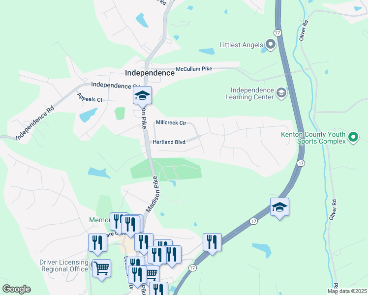 map of restaurants, bars, coffee shops, grocery stores, and more near 2048 Flintwood Court in Independence