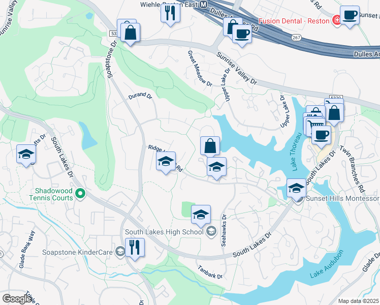 map of restaurants, bars, coffee shops, grocery stores, and more near 2073 Amberjack Court in Reston