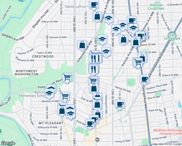 map of restaurants, bars, coffee shops, grocery stores, and more near 3800 14th Street Northwest in Washington