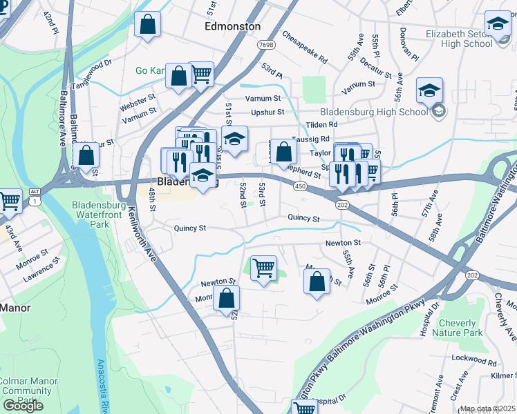 map of restaurants, bars, coffee shops, grocery stores, and more near 3908 53rd Street in Bladensburg