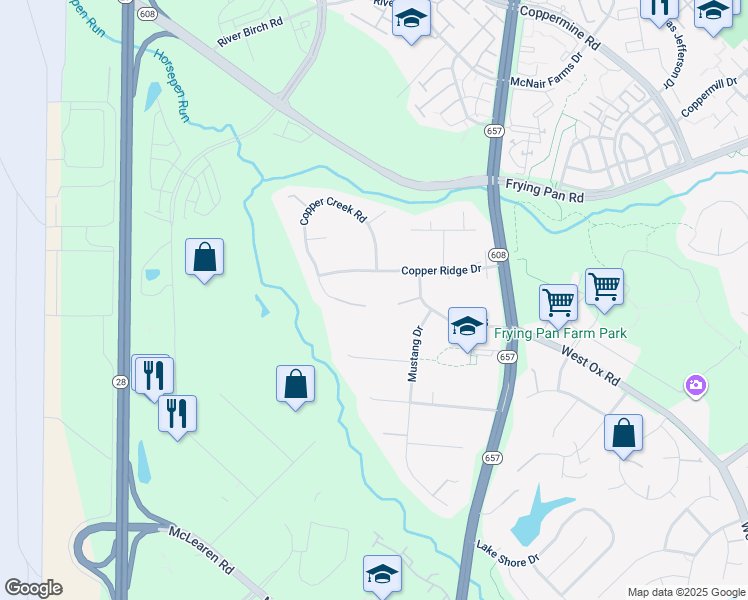 map of restaurants, bars, coffee shops, grocery stores, and more near 2757 Copper Creek Rd in Herndon