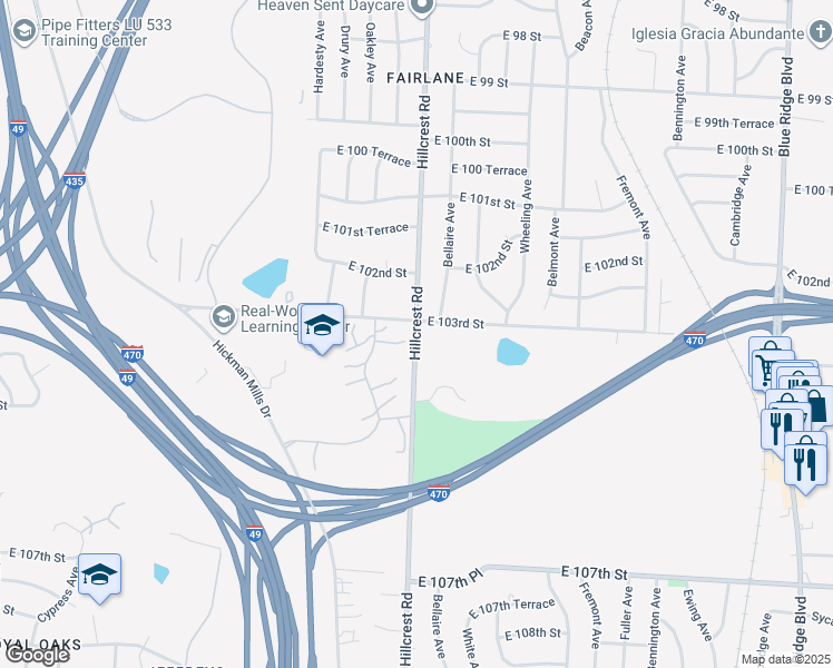 map of restaurants, bars, coffee shops, grocery stores, and more near 10324 Hillcrest Rd in Kansas City