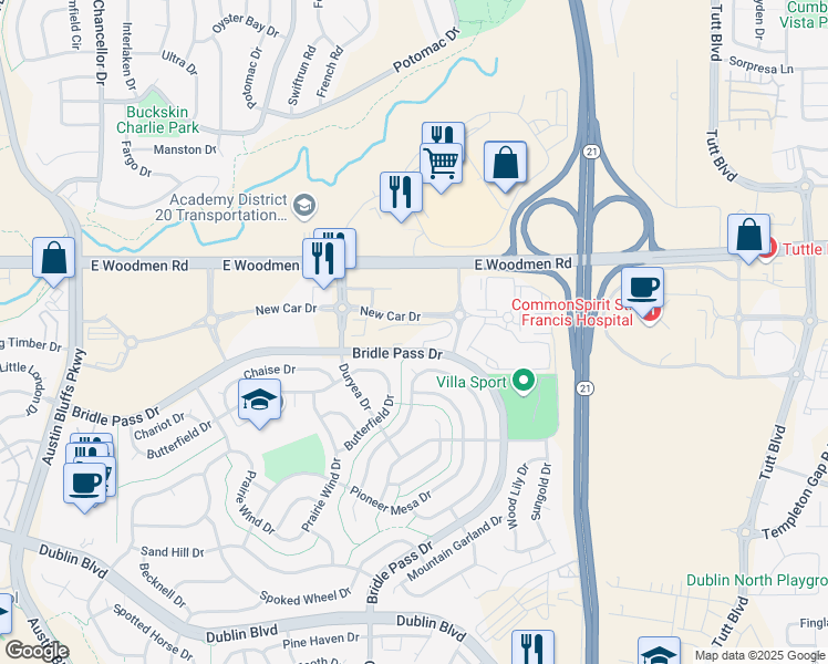 map of restaurants, bars, coffee shops, grocery stores, and more near 5455 New Car Drive in Colorado Springs