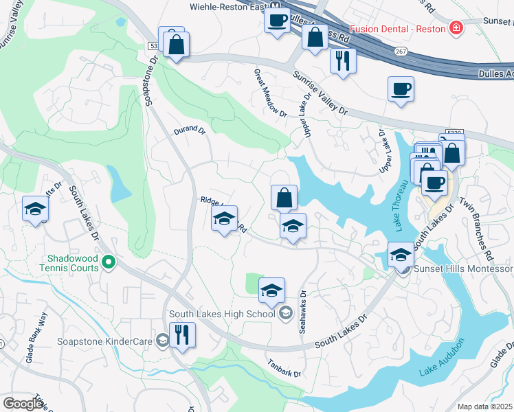 map of restaurants, bars, coffee shops, grocery stores, and more near 2073 Amberjack Court in Reston