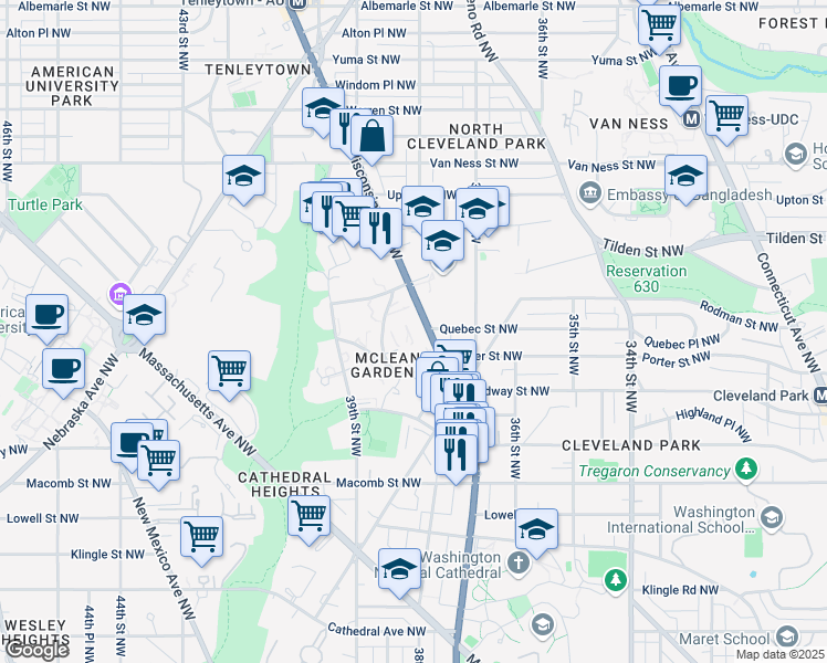 map of restaurants, bars, coffee shops, grocery stores, and more near 3615 38th Street Northwest in Washington