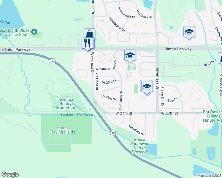 map of restaurants, bars, coffee shops, grocery stores, and more near 4800 McCormick Street in Lawrence