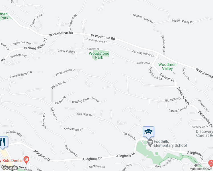 map of restaurants, bars, coffee shops, grocery stores, and more near 1225 Big Valley Drive in Colorado Springs