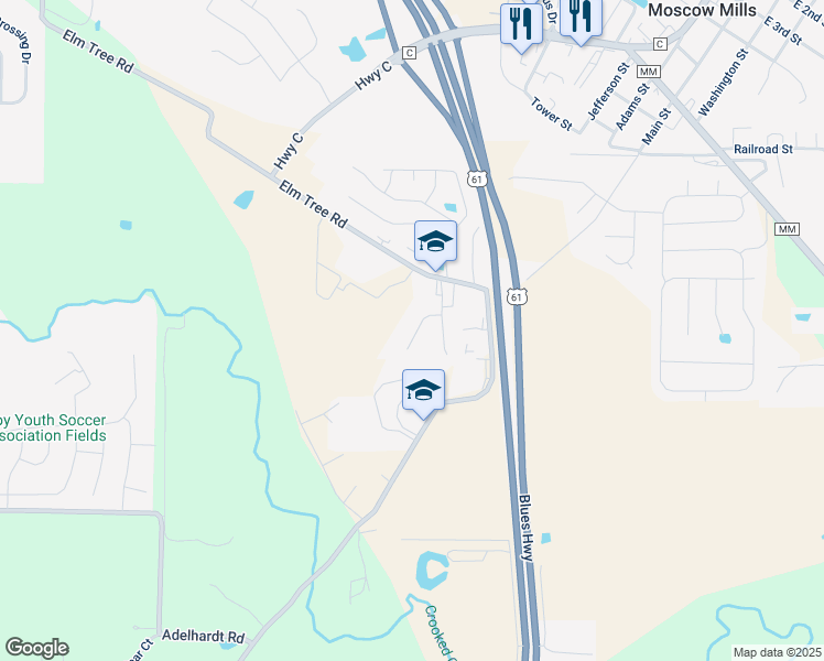 map of restaurants, bars, coffee shops, grocery stores, and more near 1135 Elm Tree Commons Drive in Moscow Mills