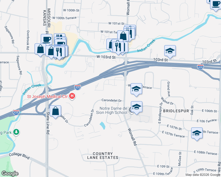 map of restaurants, bars, coffee shops, grocery stores, and more near 435 West 104th Street in Kansas City
