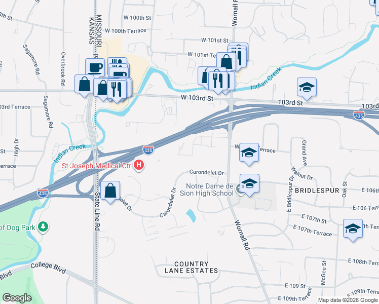 map of restaurants, bars, coffee shops, grocery stores, and more near 452 West 104th Street in Kansas City