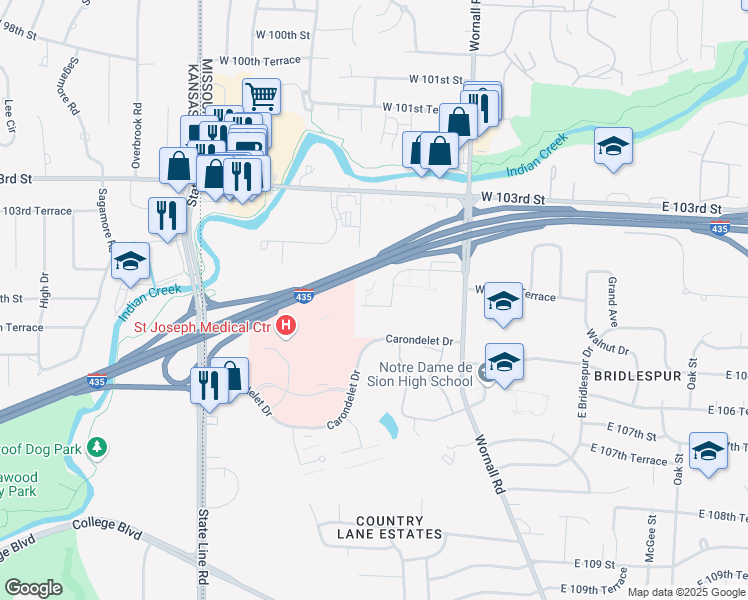 map of restaurants, bars, coffee shops, grocery stores, and more near 452 West 104th Street in Kansas City