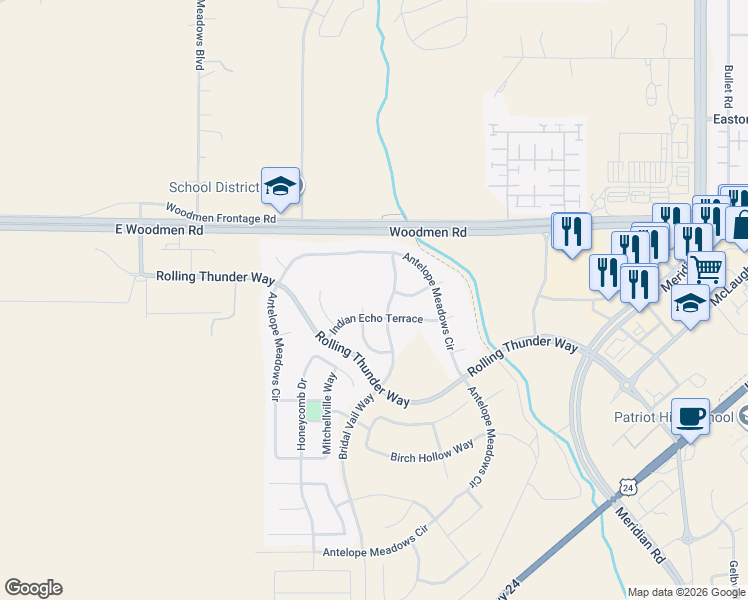 map of restaurants, bars, coffee shops, grocery stores, and more near 7323 Sylamore Way in Peyton
