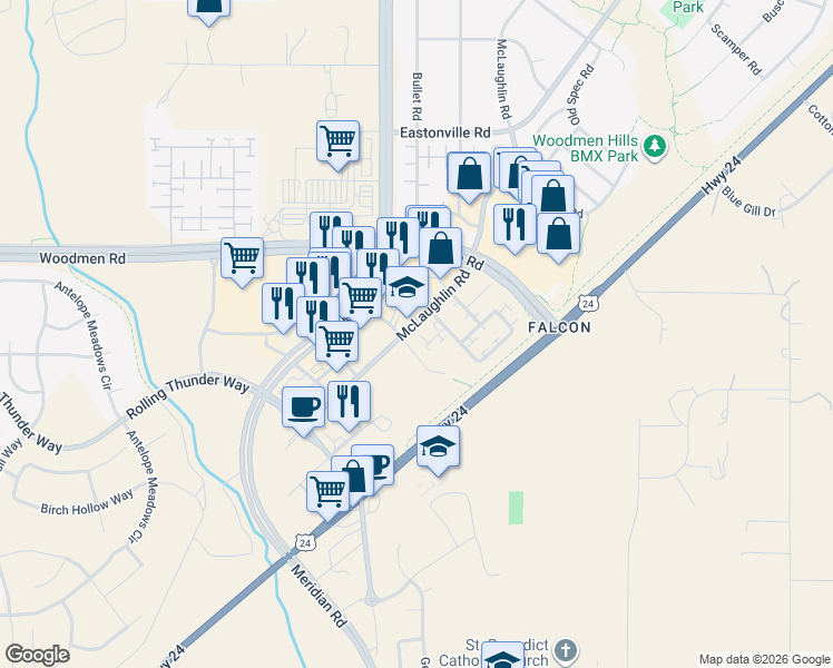 map of restaurants, bars, coffee shops, grocery stores, and more near 7320 McLaughlin Road in Peyton
