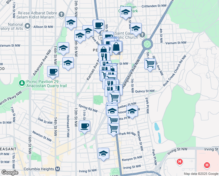 map of restaurants, bars, coffee shops, grocery stores, and more near 829 Quincy Street Northwest in Washington