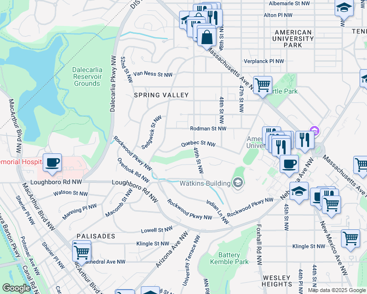 map of restaurants, bars, coffee shops, grocery stores, and more near 4930 Quebec Street Northwest in Washington