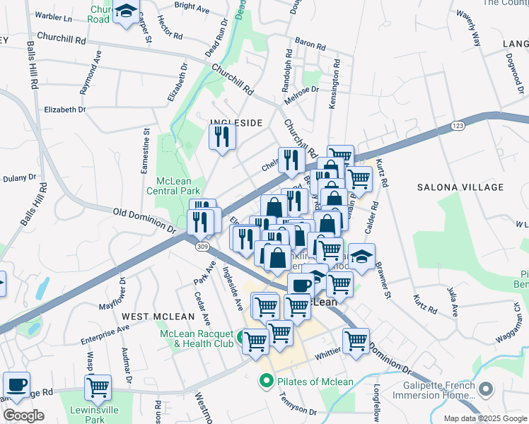 map of restaurants, bars, coffee shops, grocery stores, and more near 6900 Fleetwood Road in McLean