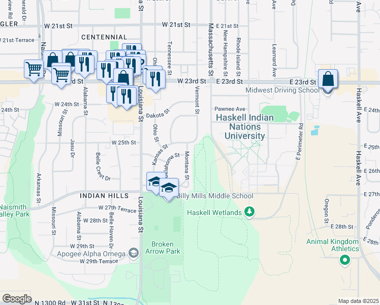 map of restaurants, bars, coffee shops, grocery stores, and more near 2514 Montana Street in Lawrence