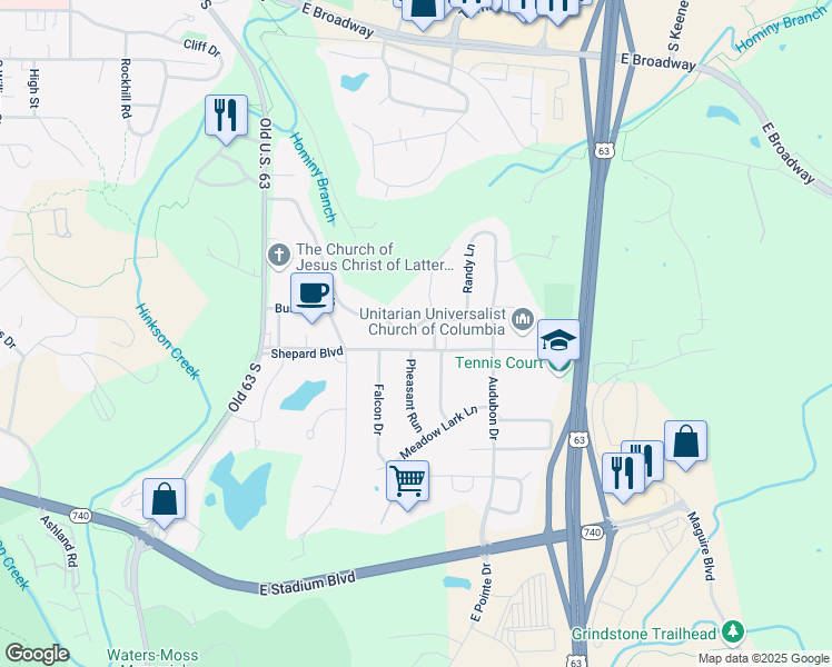 map of restaurants, bars, coffee shops, grocery stores, and more near 2404 Bluff Boulevard in Columbia