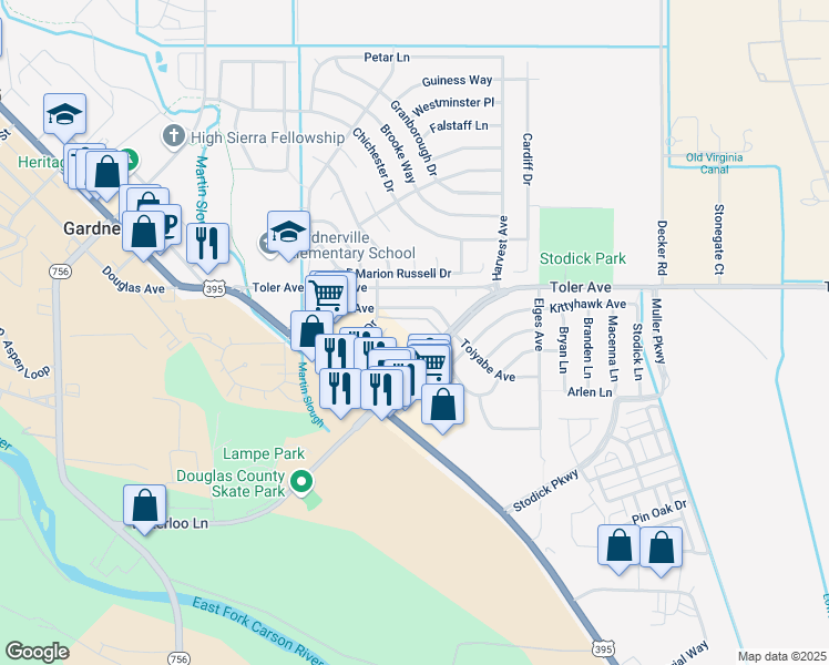 map of restaurants, bars, coffee shops, grocery stores, and more near 1362 Waterloo Lane in Gardnerville