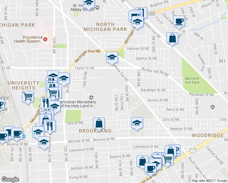 map of restaurants, bars, coffee shops, grocery stores, and more near 3938 17th Street Northeast in Washington