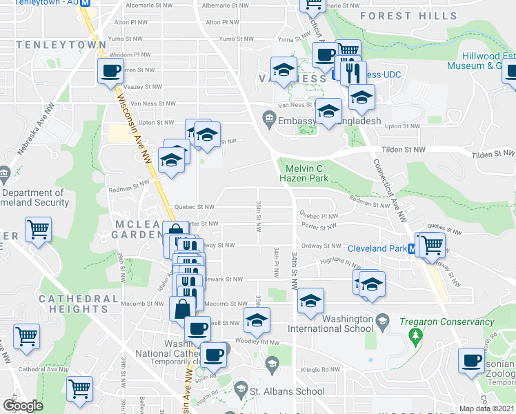 map of restaurants, bars, coffee shops, grocery stores, and more near 35th Street Northwest & Quebec Street Northwest in Washington