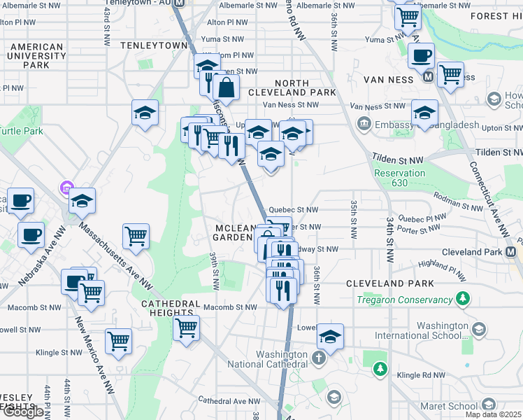 map of restaurants, bars, coffee shops, grocery stores, and more near Quebec Street Northwest in Washington