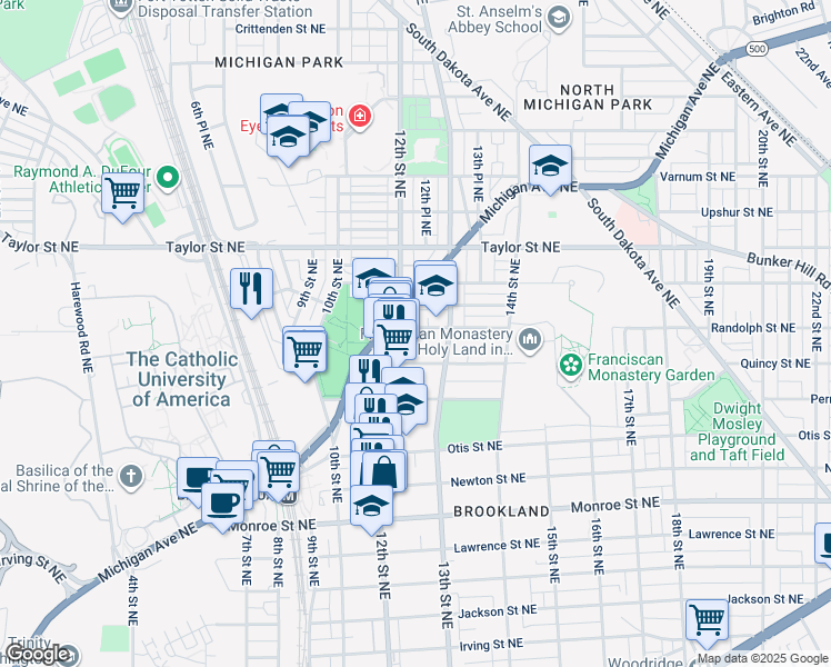 map of restaurants, bars, coffee shops, grocery stores, and more near 1207 Randolph Street Northeast in Washington