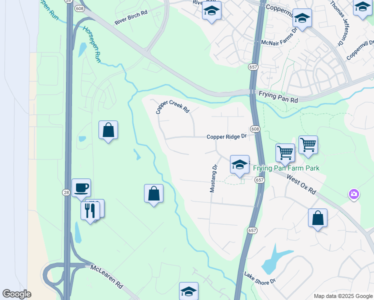 map of restaurants, bars, coffee shops, grocery stores, and more near 2755 Copper Creek Road in Herndon