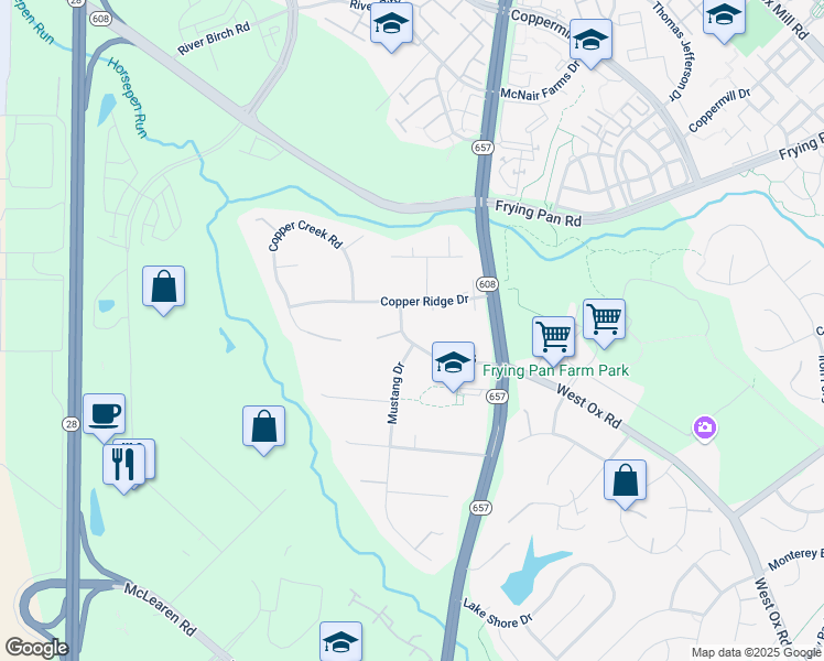 map of restaurants, bars, coffee shops, grocery stores, and more near 2641 West Ox Road in Herndon