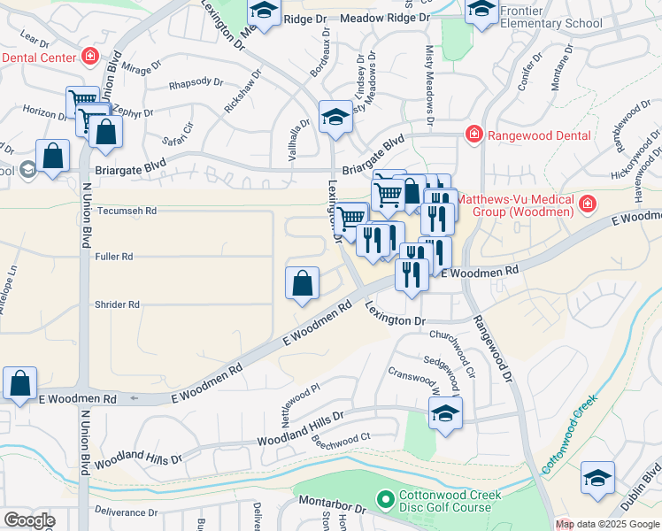 map of restaurants, bars, coffee shops, grocery stores, and more near 3290 Bunker Hill Drive in Colorado Springs