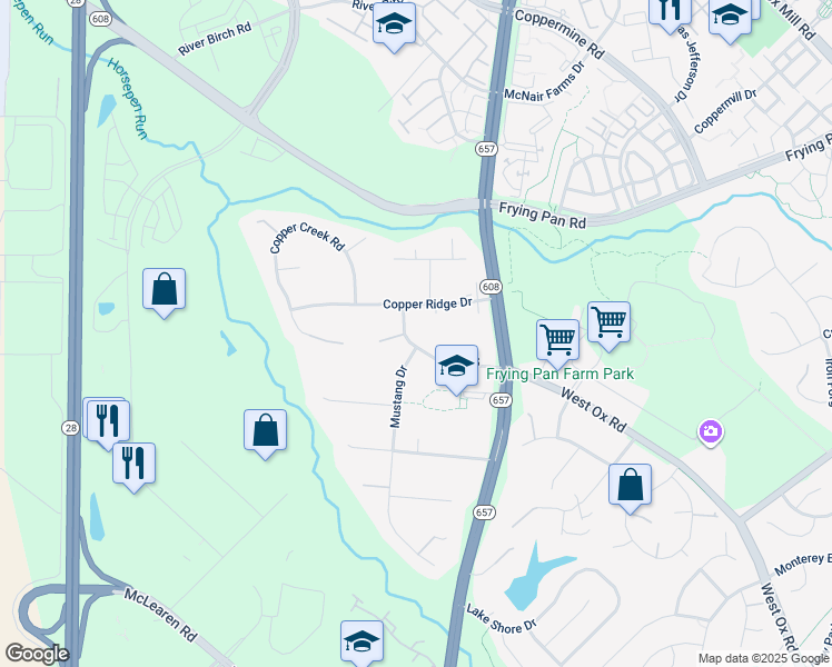 map of restaurants, bars, coffee shops, grocery stores, and more near 2641 West Ox Road in Herndon