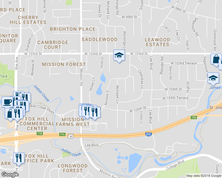 map of restaurants, bars, coffee shops, grocery stores, and more near 10343 Mohawk Road in Leawood