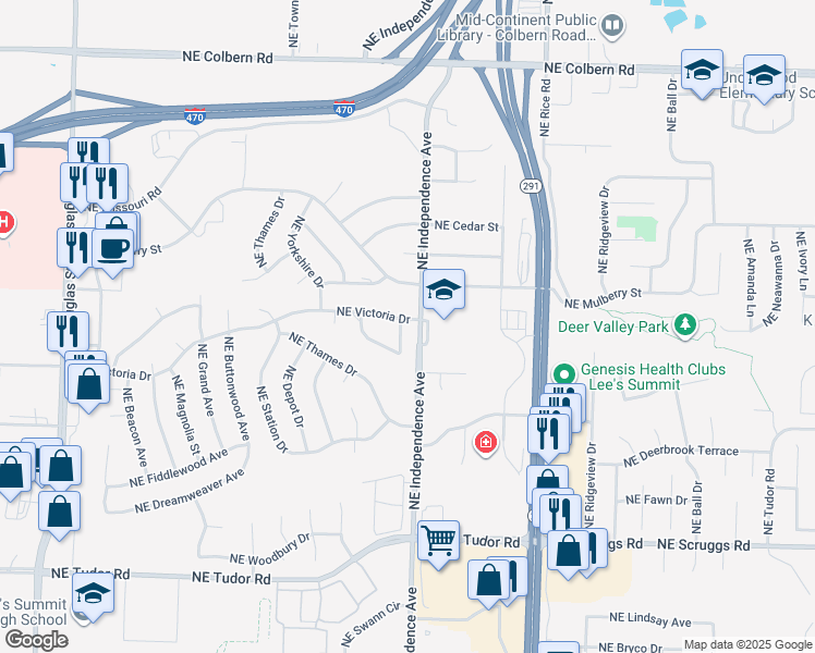 map of restaurants, bars, coffee shops, grocery stores, and more near 624 Northeast Victoria Drive in Lee's Summit